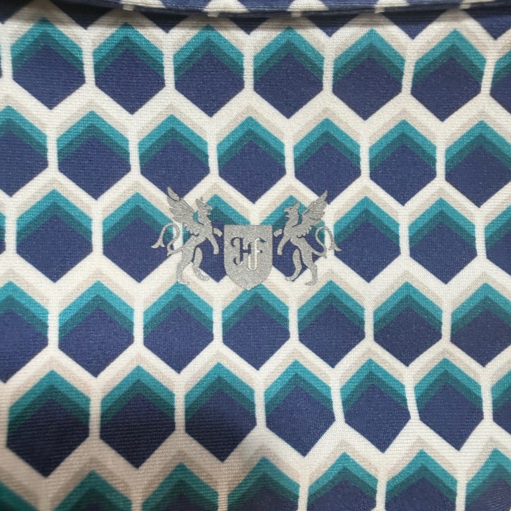 Hickey Freeman Golf Polo Mens Large Blue Geometric Honeycomb Excellent Stretch - Picture 7 of 10